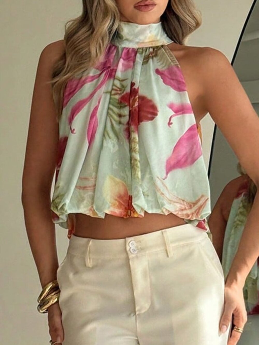 Multicolor Boho Women's Printed Mesh Halter Neck Top - Picture 6 of 6